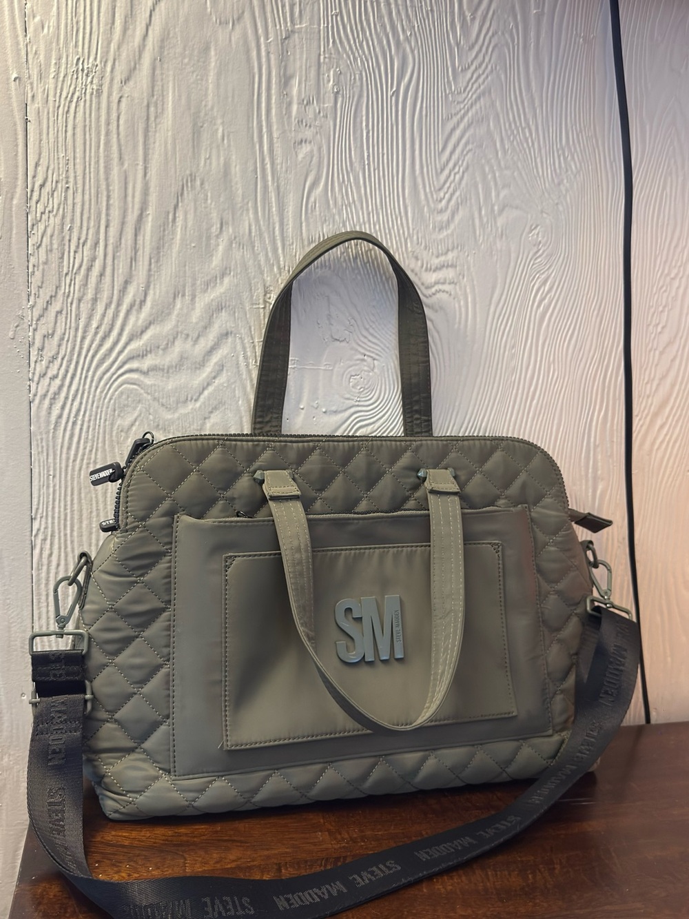 Steve Madden Olive Quilted Laptop Bag with SM Logo